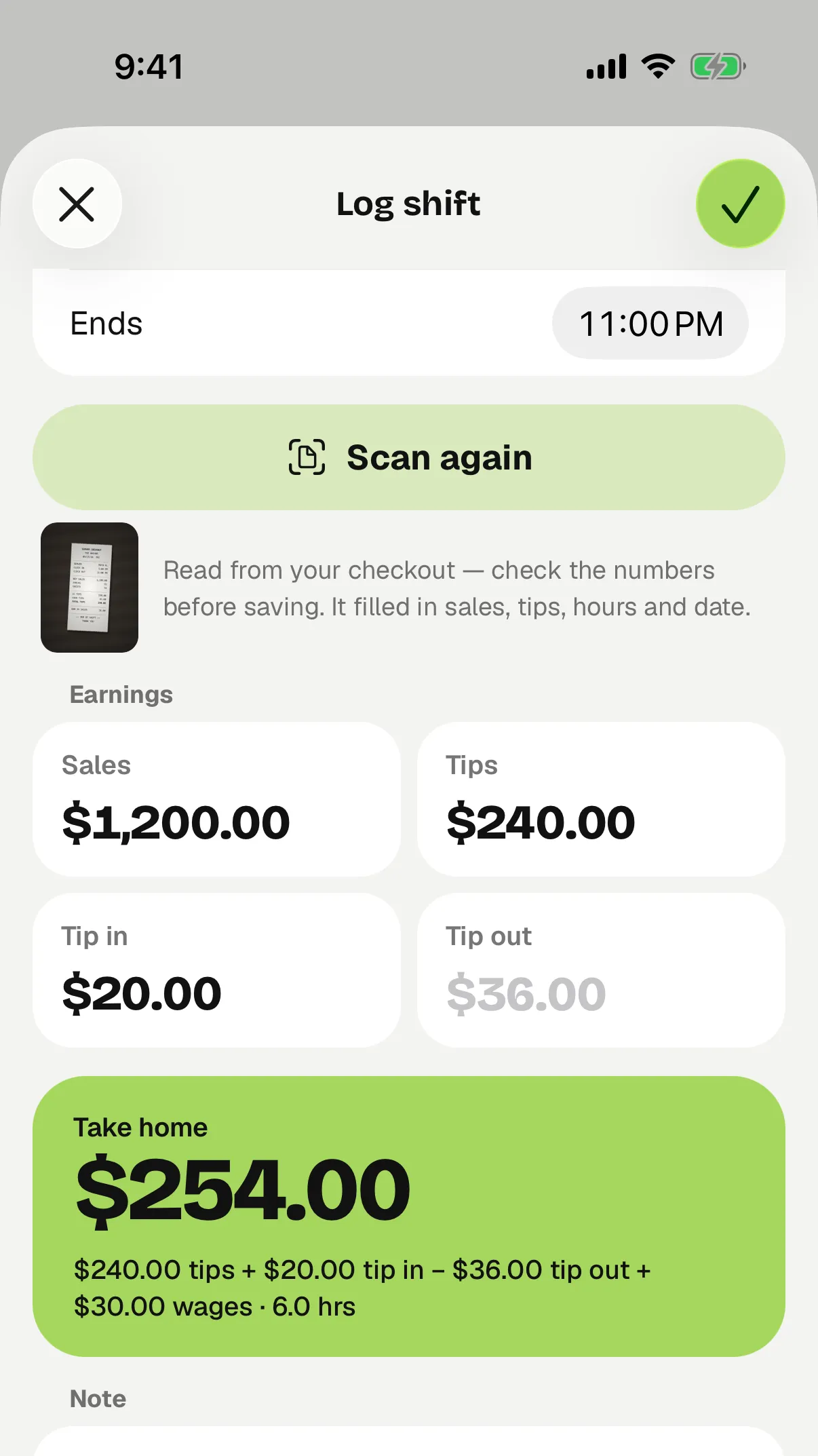 Log shift after a scan: sales $1,200.00 and tips $240.00 read from the slip, tip in $20.00 added by hand, $254.00 take home