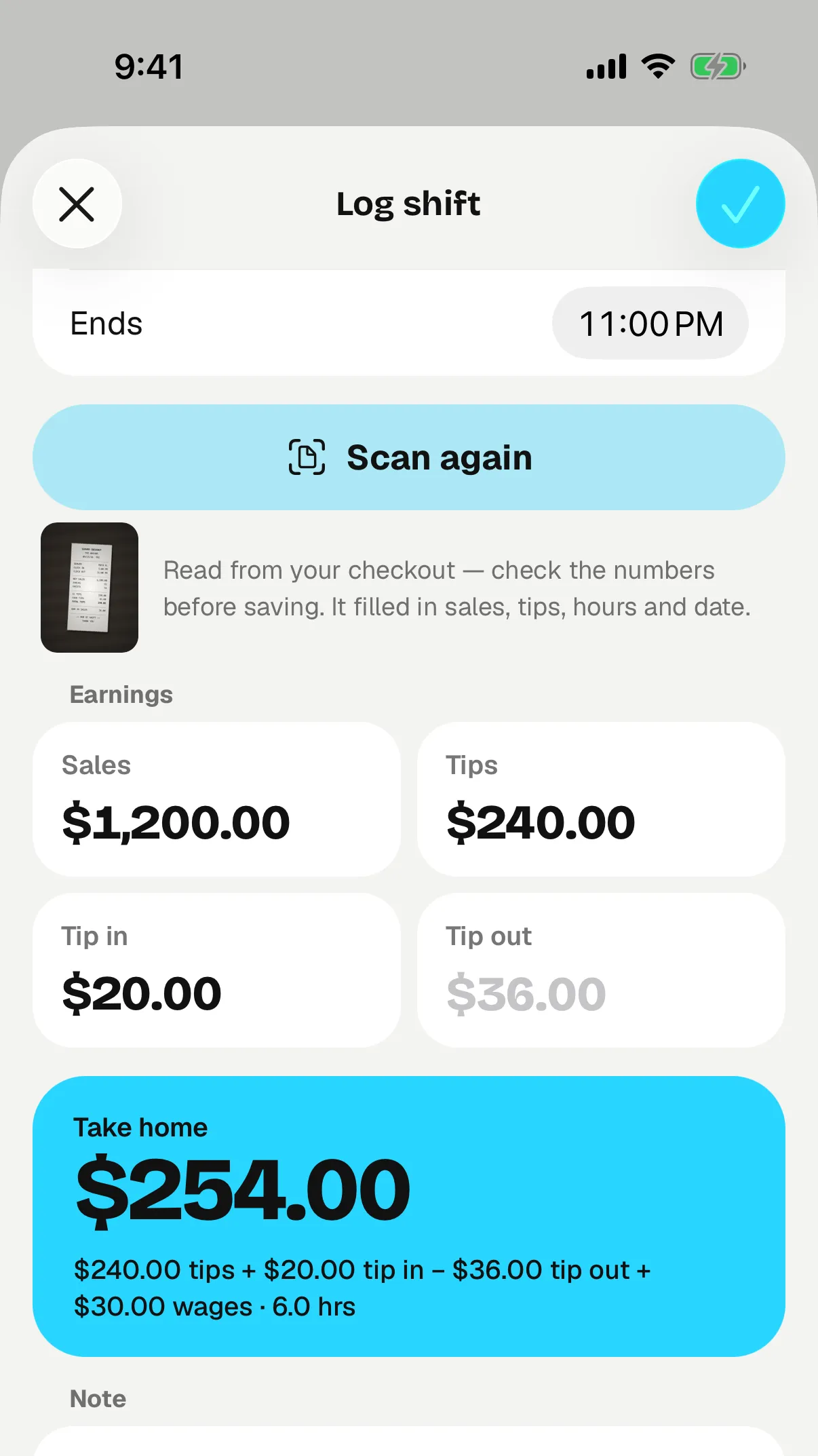 Log shift after a scan: sales $1,200.00 and tips $240.00 read from the slip, tip in $20.00 added by hand, $254.00 take home