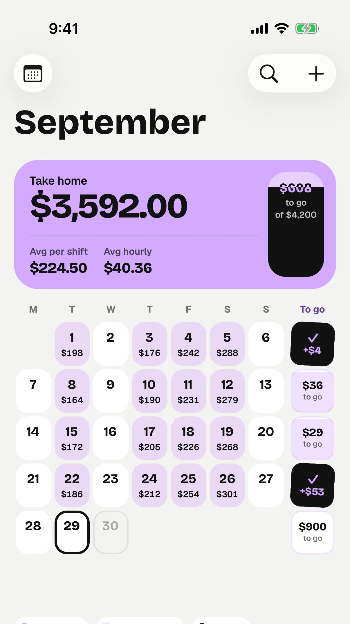 The calendar for September with $254 on Fri the 25th, $3,592.00 take home for the month
