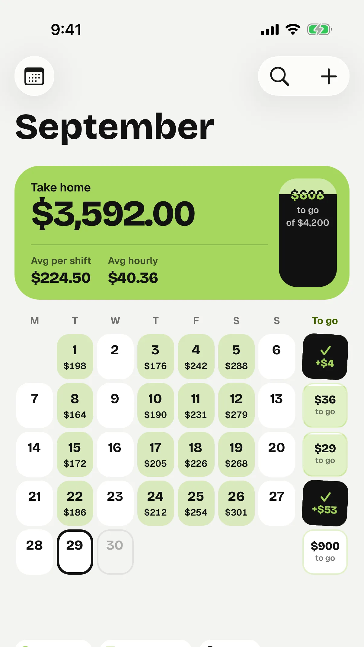 The calendar for September with $254 on Fri the 25th, $3,592.00 take home for the month